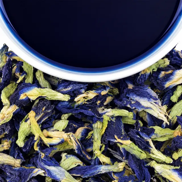 Whole dried flowers, deep blue brew